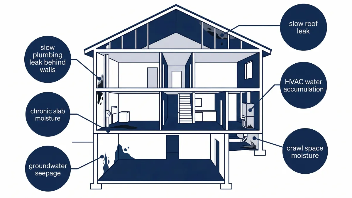 Cutaway house diagram showing the six most common locations for black mold growth: slow plumbing leaks behind walls, chronic slab moisture, groundwater seepage, crawl space moisture, HVAC water accumulation, and slow roof leaks