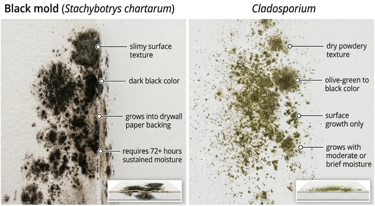 Side-by-side comparison of black mold (Stachybotrys chartarum) and Cladosporium on drywall, showing slimy vs. powdery texture and penetration depth differences