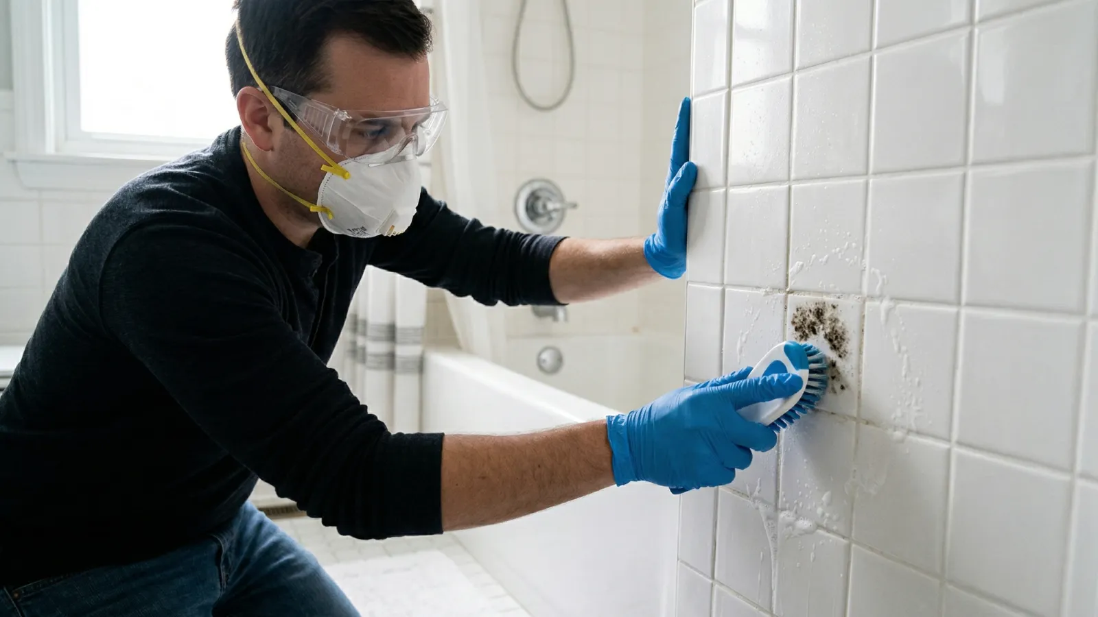 Homeowner wearing N95 respirator, safety goggles, and blue nitrile gloves scrubbing a small mold patch on bathroom tile with a scrub brush