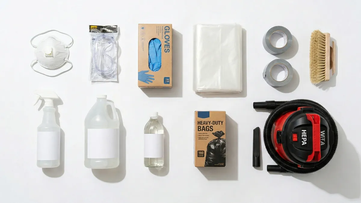 DIY mold removal supply kit including N95 respirator, safety goggles, nitrile gloves, plastic sheeting, duct tape, scrub brush, spray bottle, cleaning solution, heavy-duty garbage bags, and HEPA wet/dry vacuum