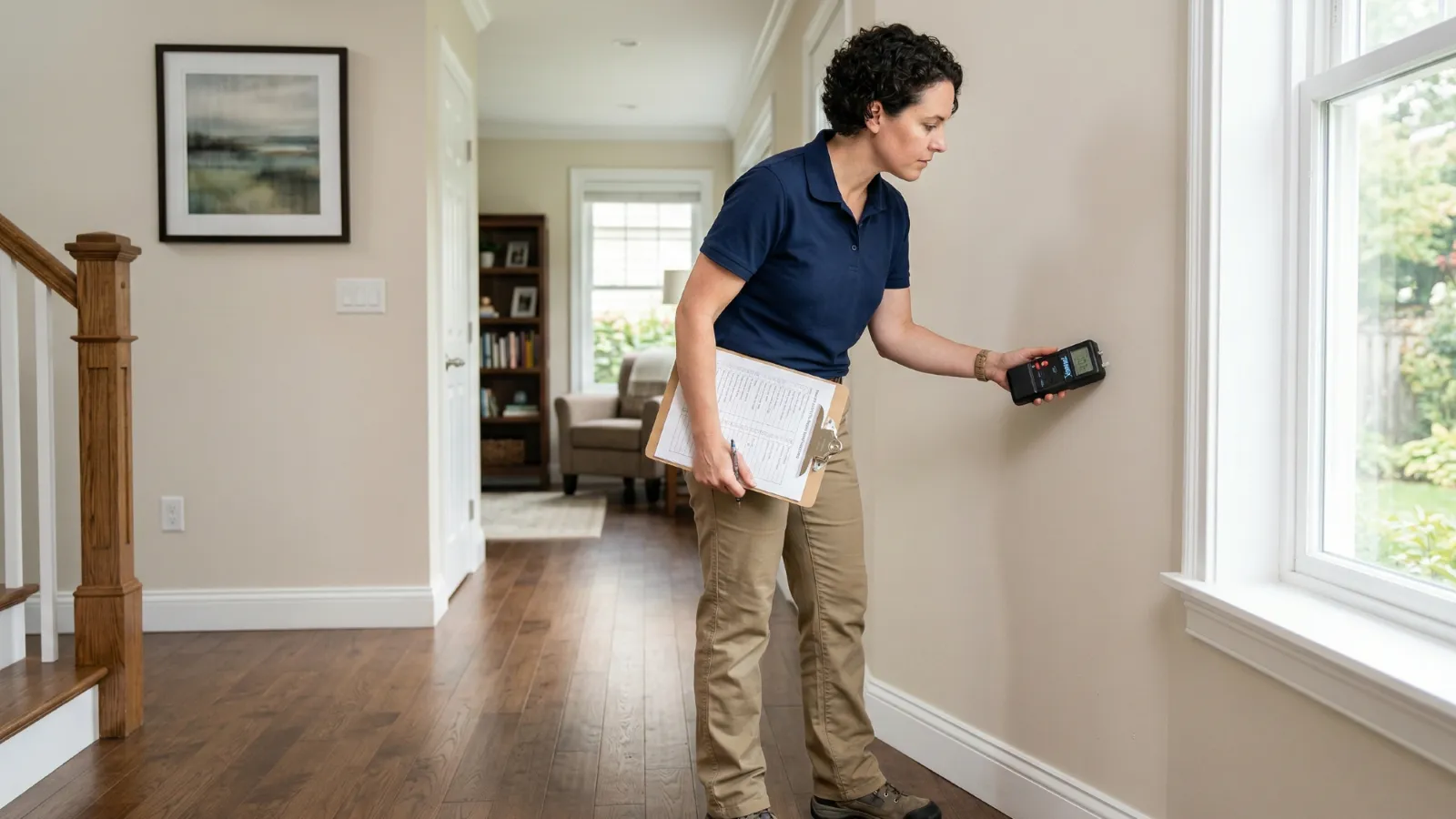 Female home inspector holding a clipboard and moisture meter examining an interior wall near a window during a residential property walkthrough