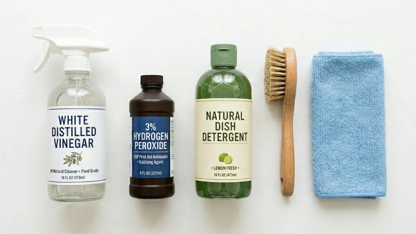 Flat lay of three household mold cleaning products, white distilled vinegar spray bottle, 3% hydrogen peroxide, and natural dish detergent, arranged with a scrub brush and microfiber cloth on a white surface