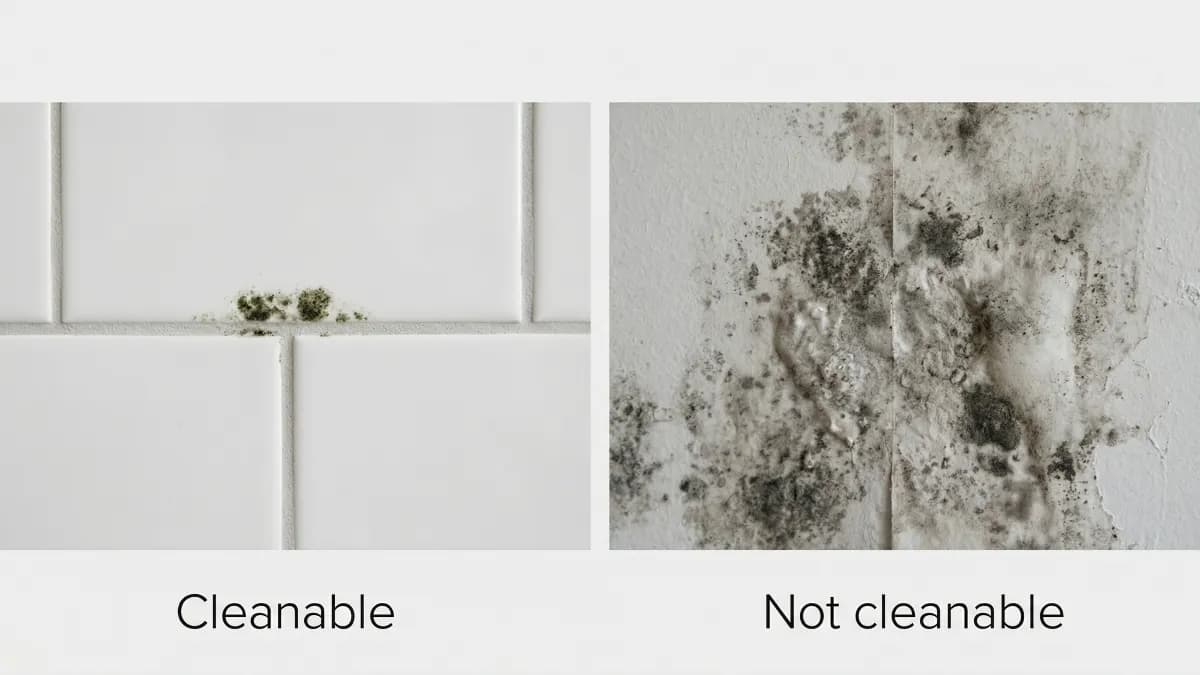 Side-by-side comparison of surface mold on bathroom tile grout labeled cleanable versus severe penetrating mold on drywall labeled not cleanable
