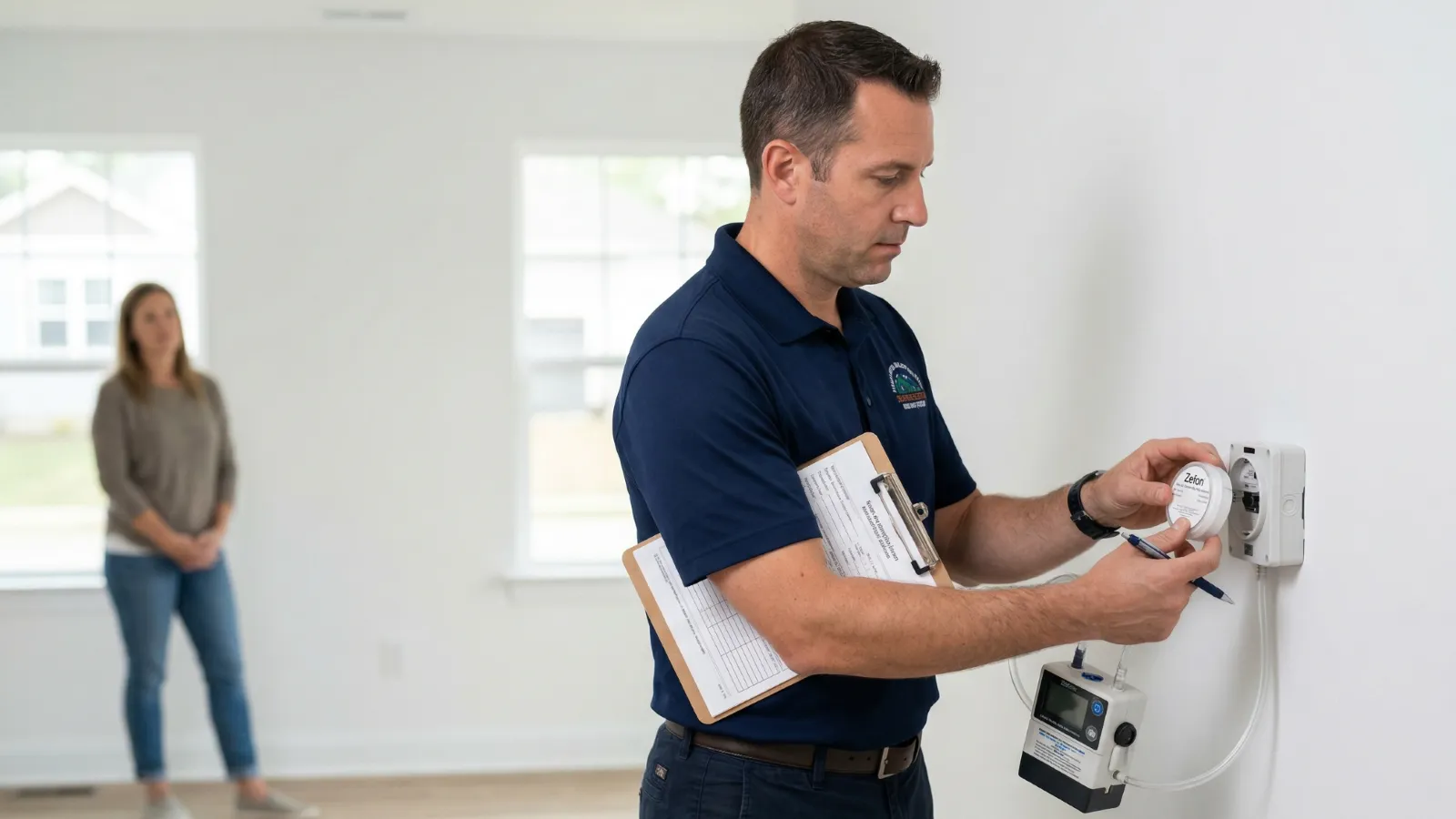 Independent mold inspector collecting an air sample in a remediated room with a homeowner observing in the background