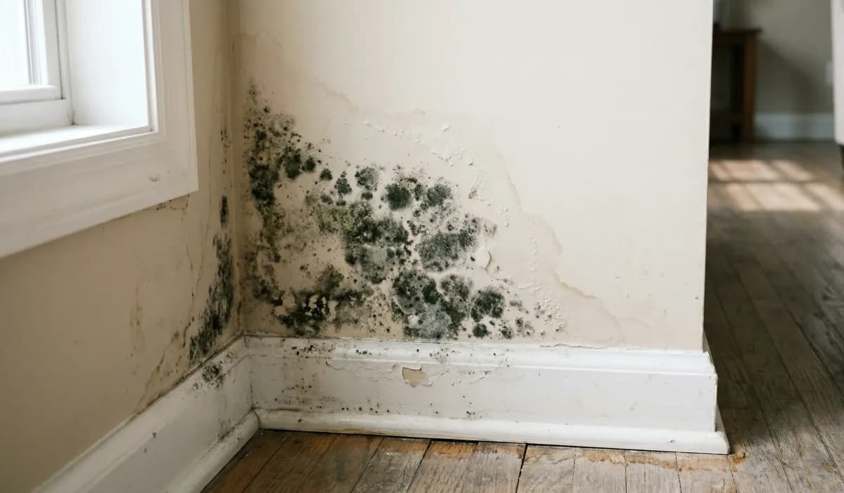 Visible mold growth on a home interior wall near the baseboard and window, showing paint discoloration and bubbling caused by moisture intrusion