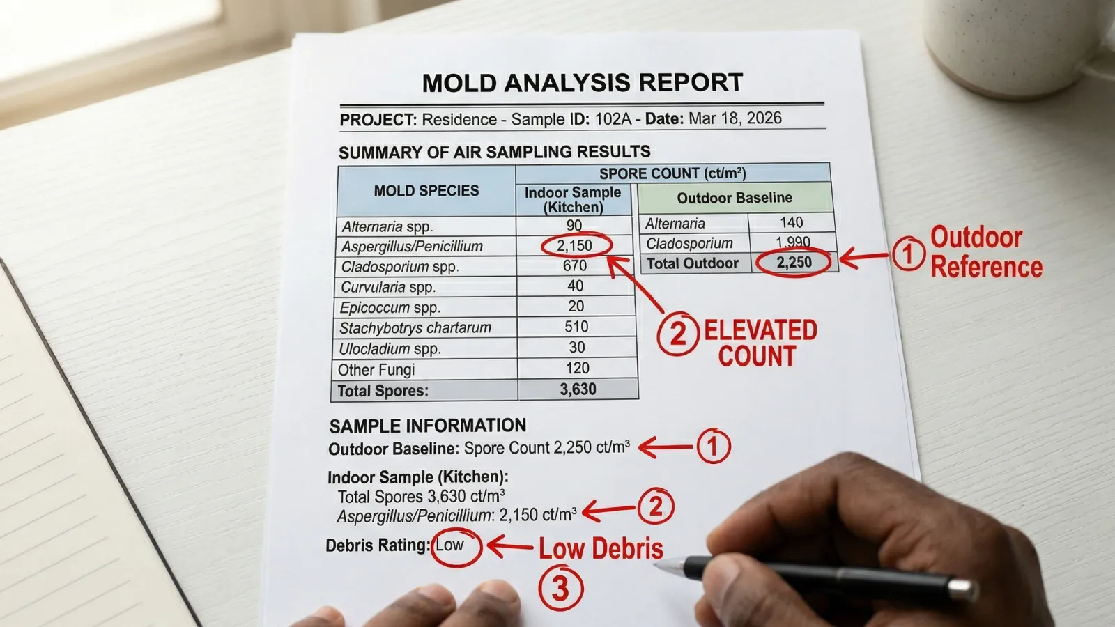 Annotated mold analysis report showing indoor air sample spore counts compared to outdoor baseline with numbered callouts highlighting elevated Aspergillus levels and debris rating
