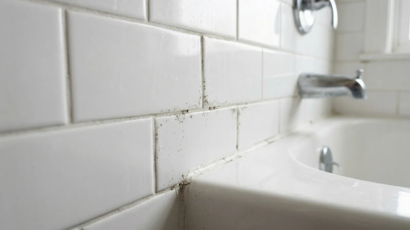 Small mold growth on bathroom tile grout near tub edge typical DIY cleanup case
