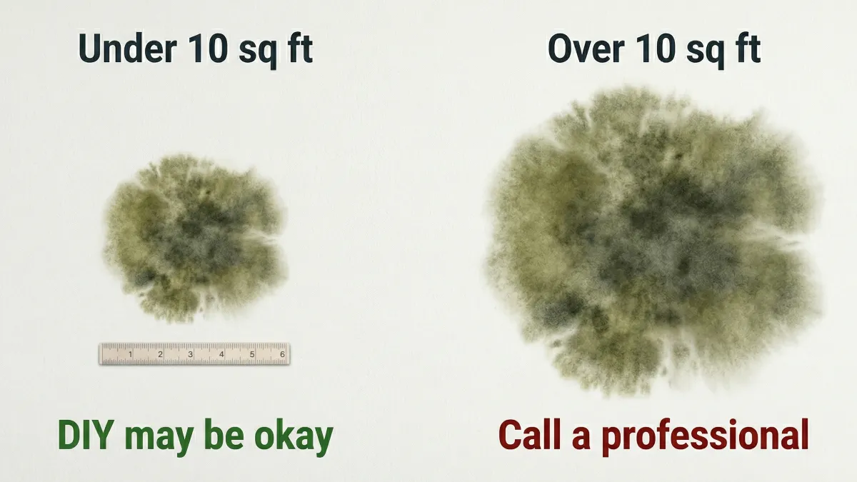 Diagram comparing mold patch sizes on a wall, showing under 10 square feet where DIY may be okay versus over 10 square feet where a professional should be called