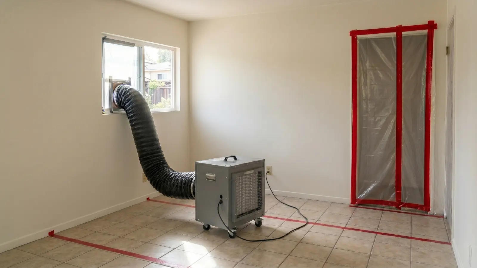 HEPA air scrubber with exhaust duct routed to a window in an empty Los Angeles home room during active mold remediation, with plastic containment barrier visible on the right