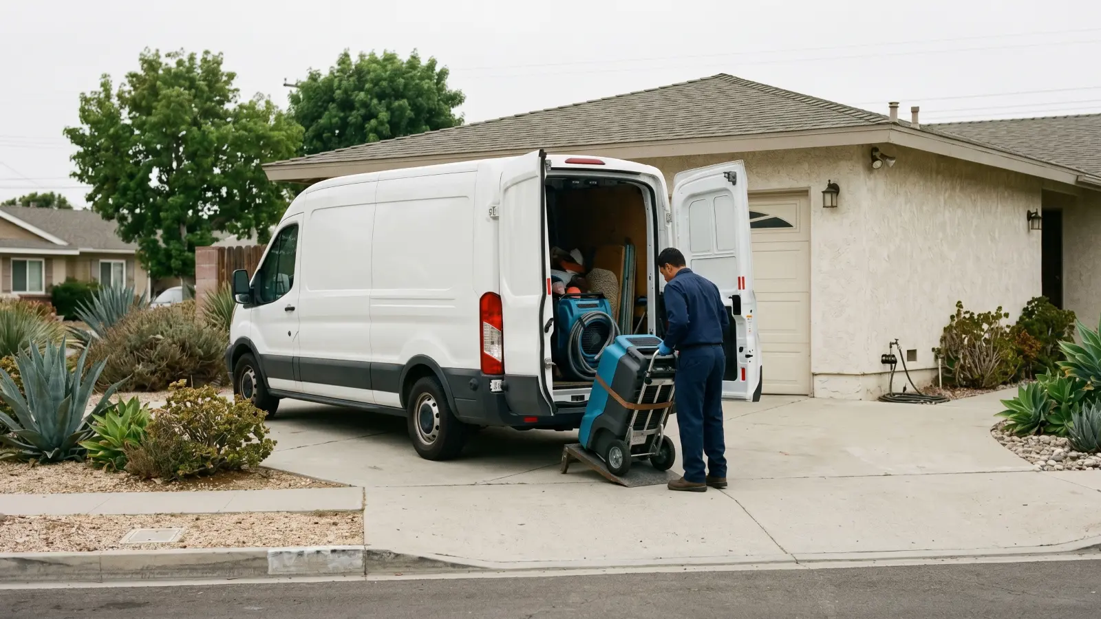 Mold remediation contractor unloading equipment from a white work van in the driveway of a 1960s stucco ranch home in Los Angeles, with agave desert landscaping and an overcast marine layer sky
