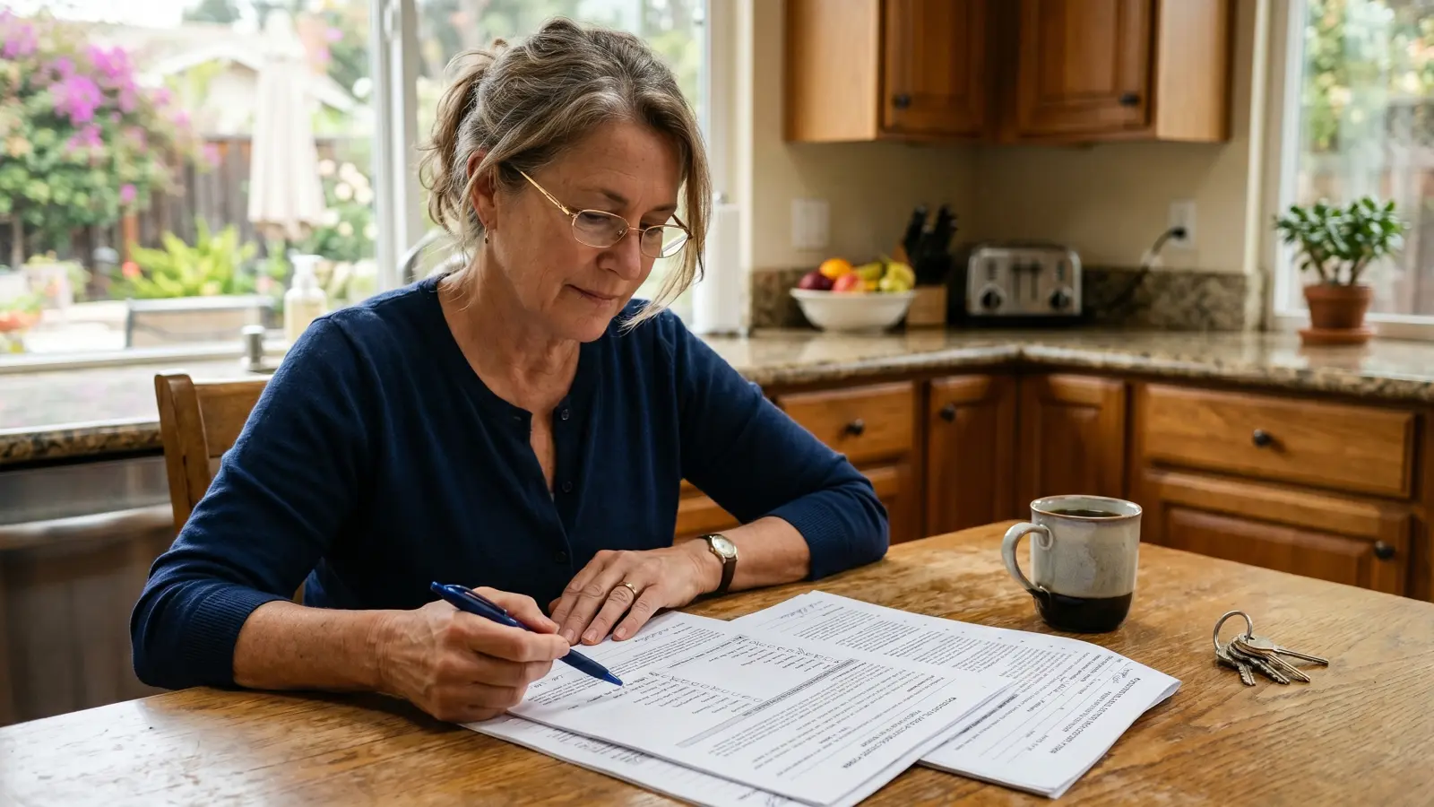 Homeowner reviewing and signing a real estate disclosure document at a kitchen table with house keys and coffee nearby, bougainvillea visible through the window