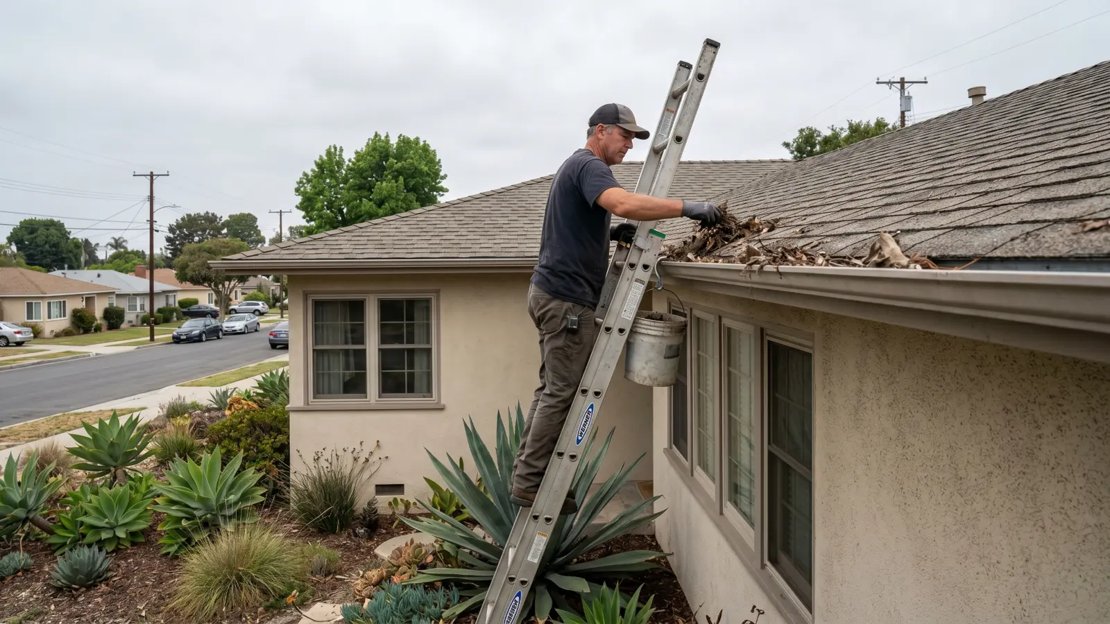Contractor on a ladder clearing heavy debris from the gutters of a stucco ranch home in Los Angeles before the winter rain season, with agave landscaping and a residential street visible in the background