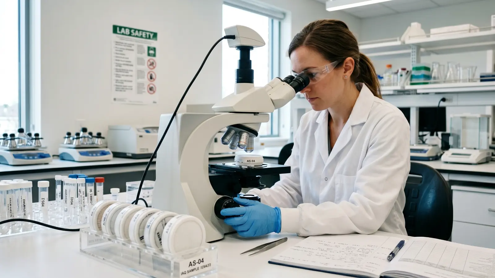 Laboratory technician examining an air sampling cassette under a microscope with a rack of IAQ sample cassettes and collection tubes visible in the foreground