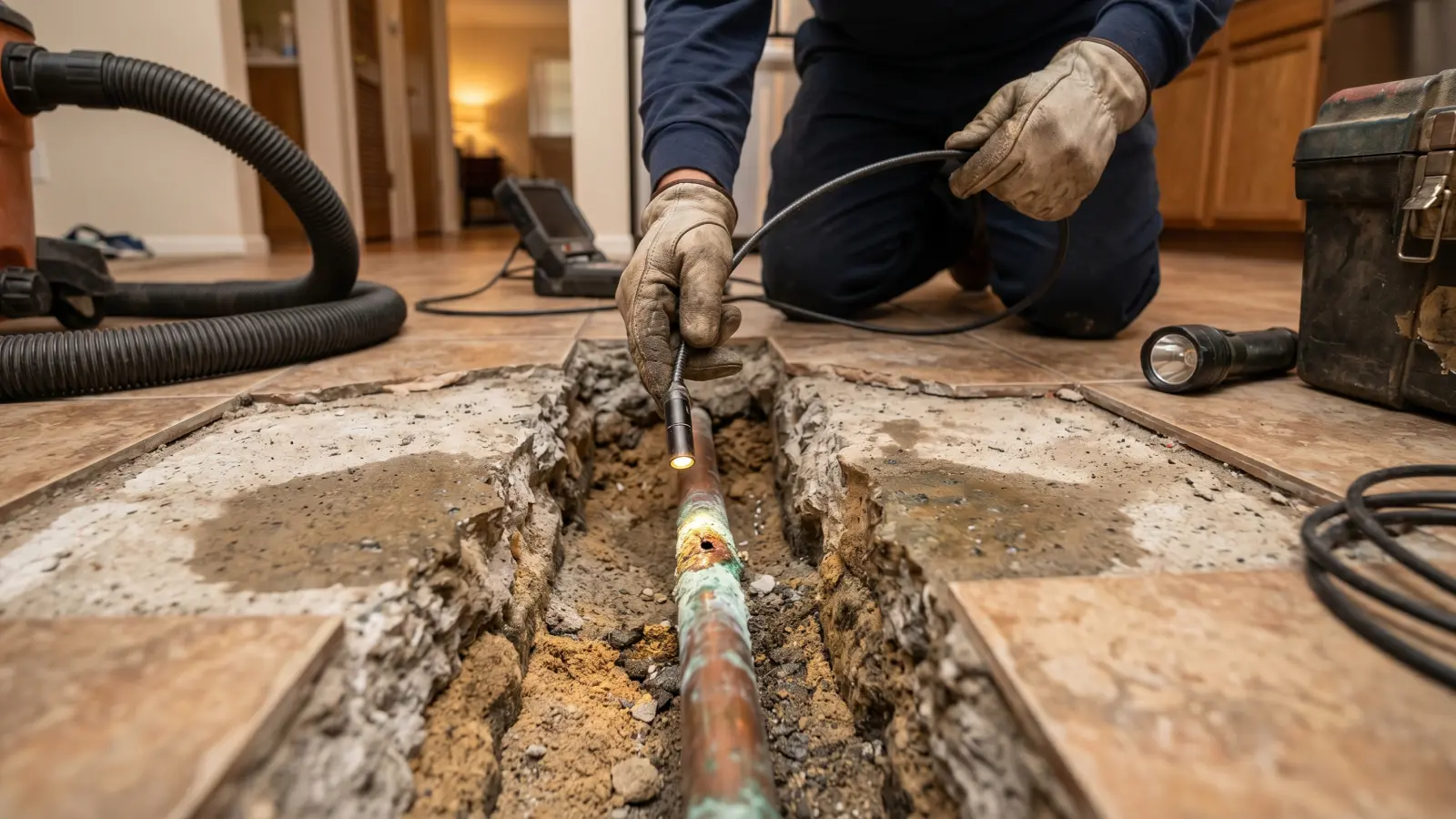 A plumber inserting an inspection camera into a jackhammered concrete slab trench revealing a corroded copper pipe with green mineral deposits and a pinhole leak