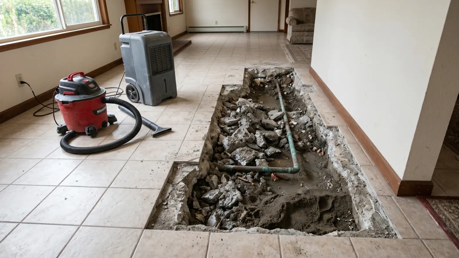A jackhammered concrete slab trench in a Los Angeles home living area exposing a corroded copper pipe, with a commercial dehumidifier and wet-dry vacuum staged nearby