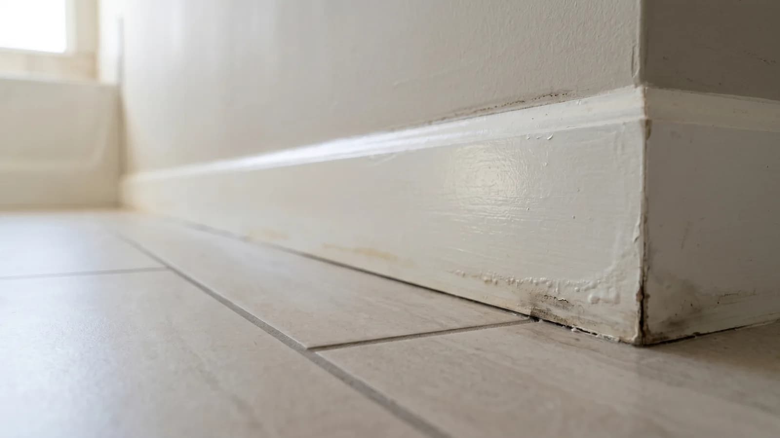 Discoloration and paint separation at a bathroom baseboard where it meets tile floor, an early sign of slab moisture migration in a Phoenix home
