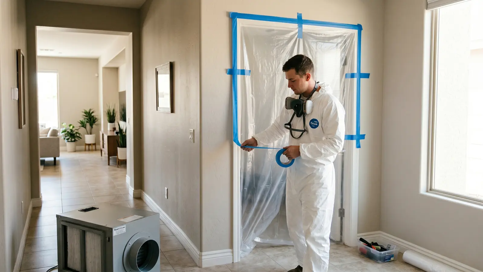 Mold remediation technician in a Tyvek suit taping plastic containment sheeting across a doorway in a Phoenix home with a HEPA negative air machine on the tile floor nearby