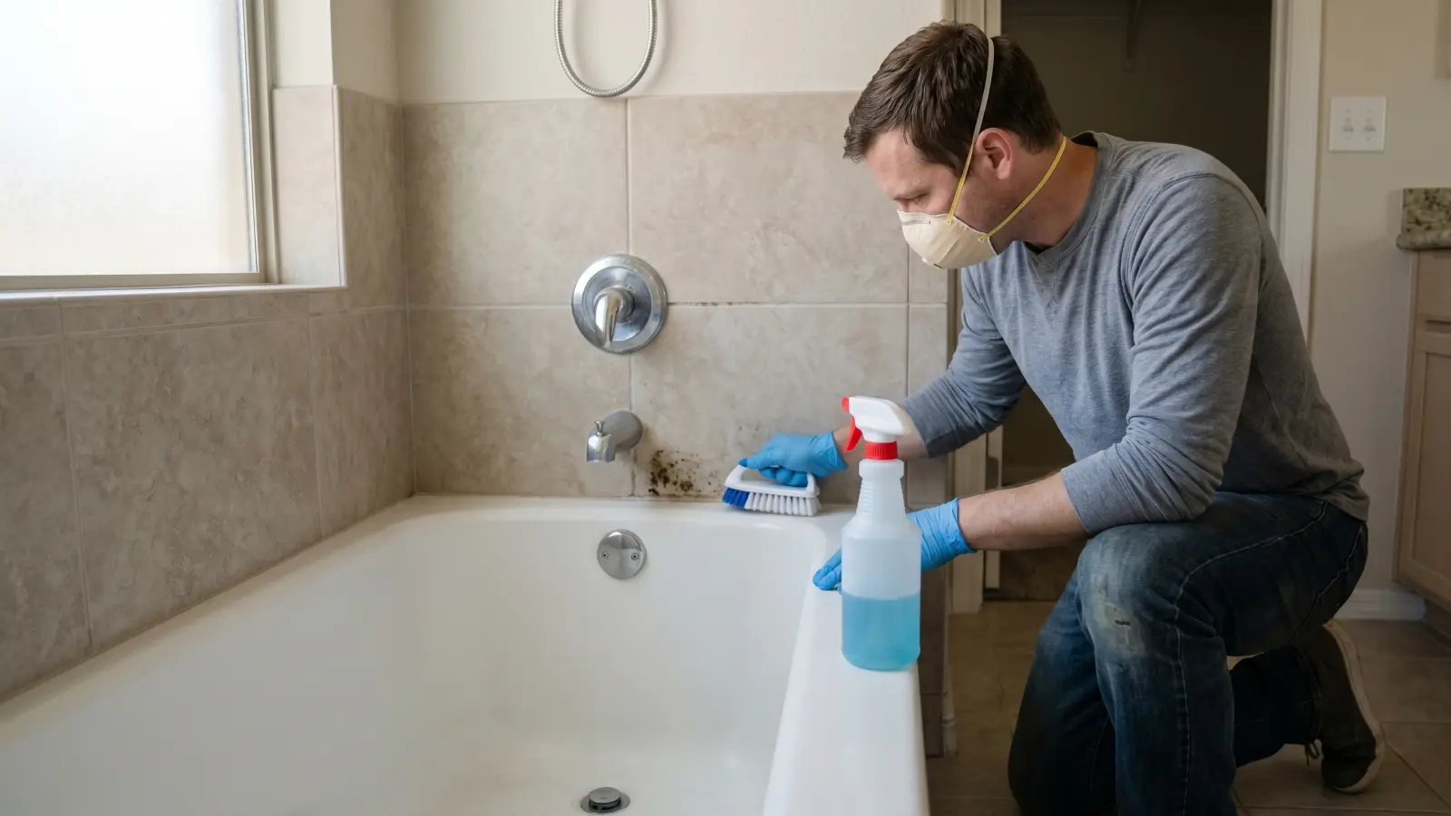 Homeowner wearing an N95 respirator and nitrile gloves scrubbing a small mold patch at a bathtub surround with a brush and spray cleaner