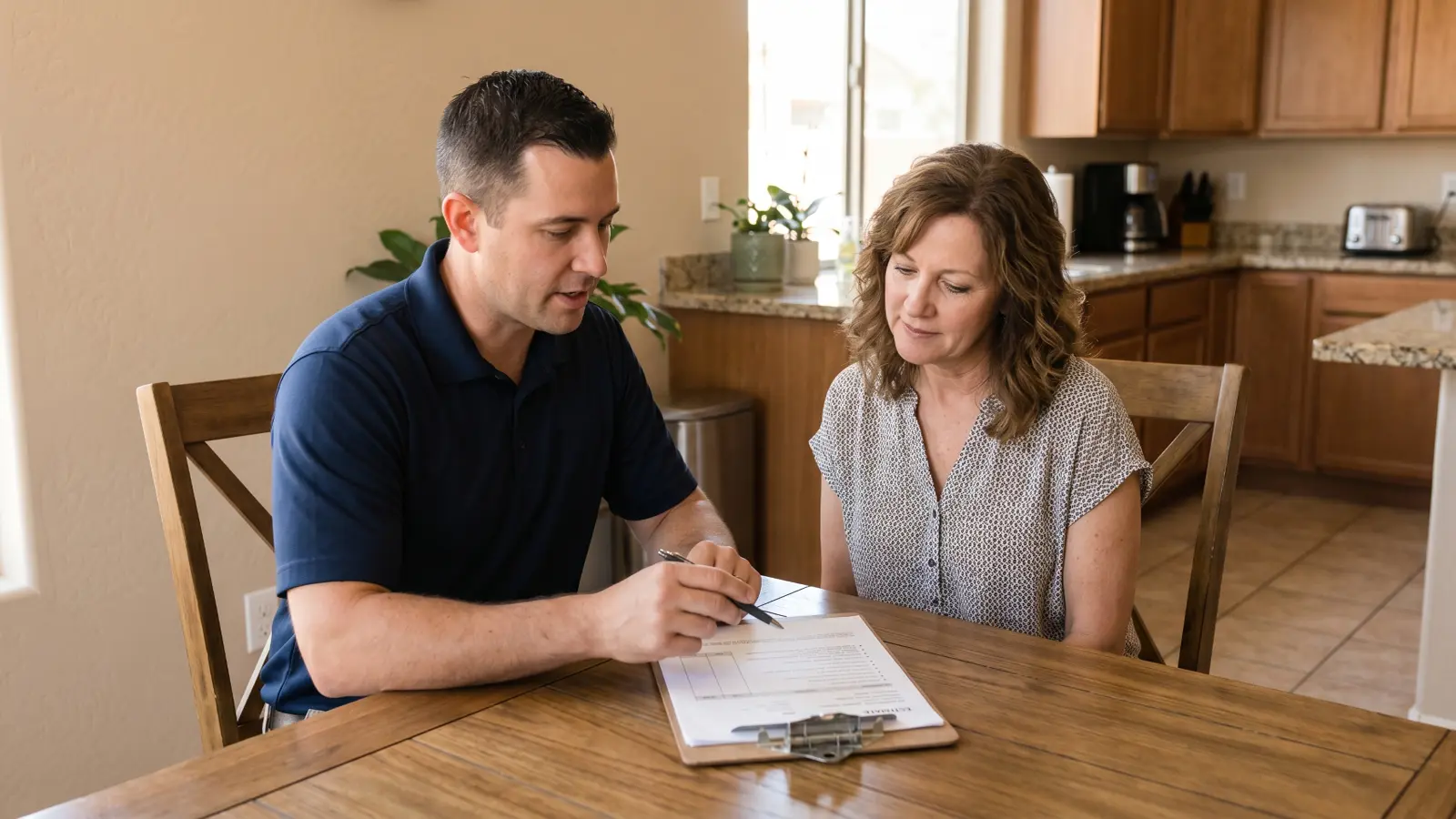 Mold remediation contractor reviewing a written estimate with a homeowner at a kitchen table in a Phoenix home