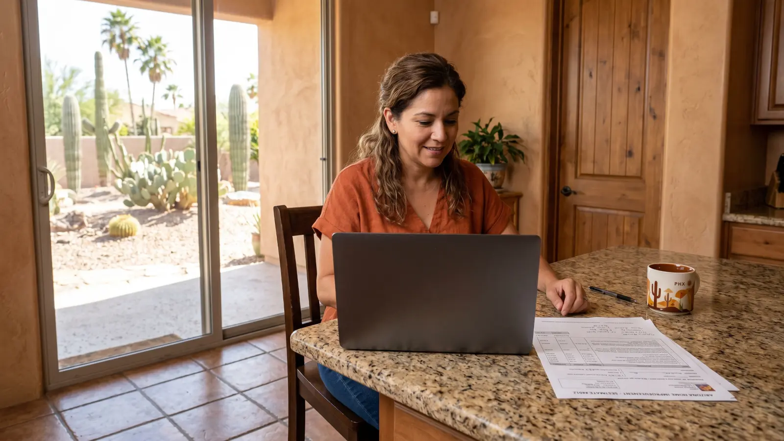 Phoenix homeowner researching a contractor's credentials on a laptop at a kitchen counter with contractor documents beside her and a desert cactus garden visible through the sliding glass door
