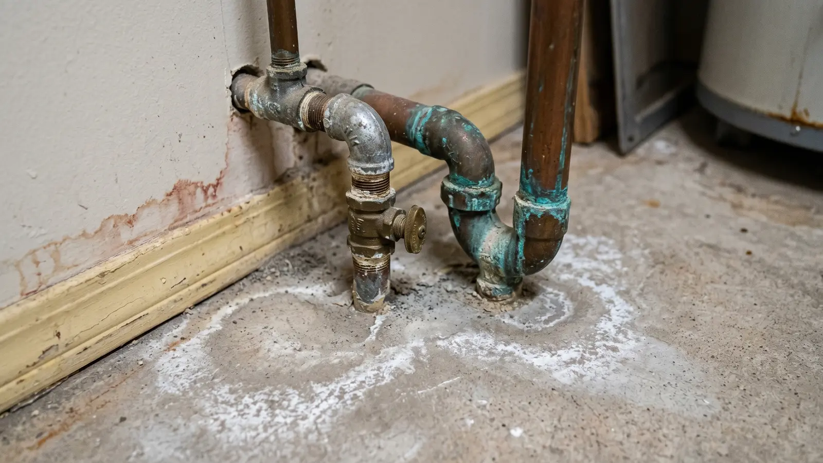 Aging copper pipes emerging from a concrete slab floor in a Phoenix home showing mineral deposits, efflorescence, and water staining on the baseboard, early signs of slab moisture migration