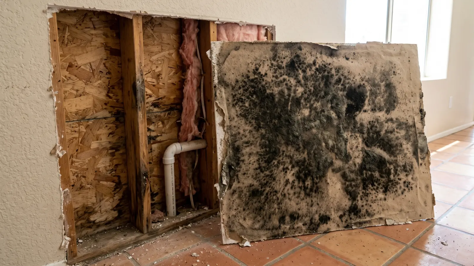 Removed drywall section leaned against a Phoenix home wall showing heavy black mold colonization on the paper backing, with the exposed wall cavity and plumbing pipe visible behind it