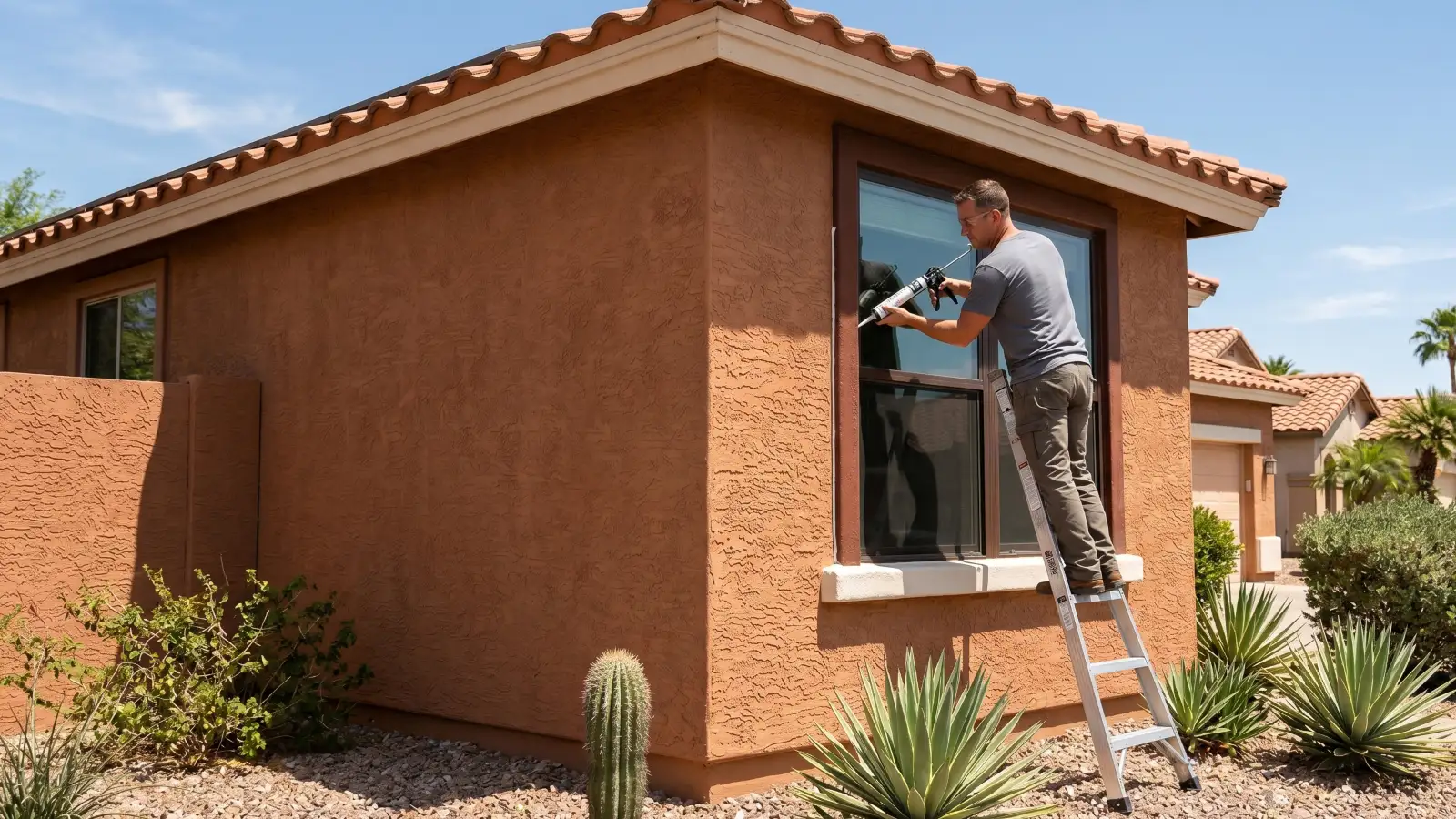 Homeowner on a ladder caulking a window frame on the exterior stucco wall of a Phoenix home before monsoon season, with desert landscaping and a terra cotta tile roof visible