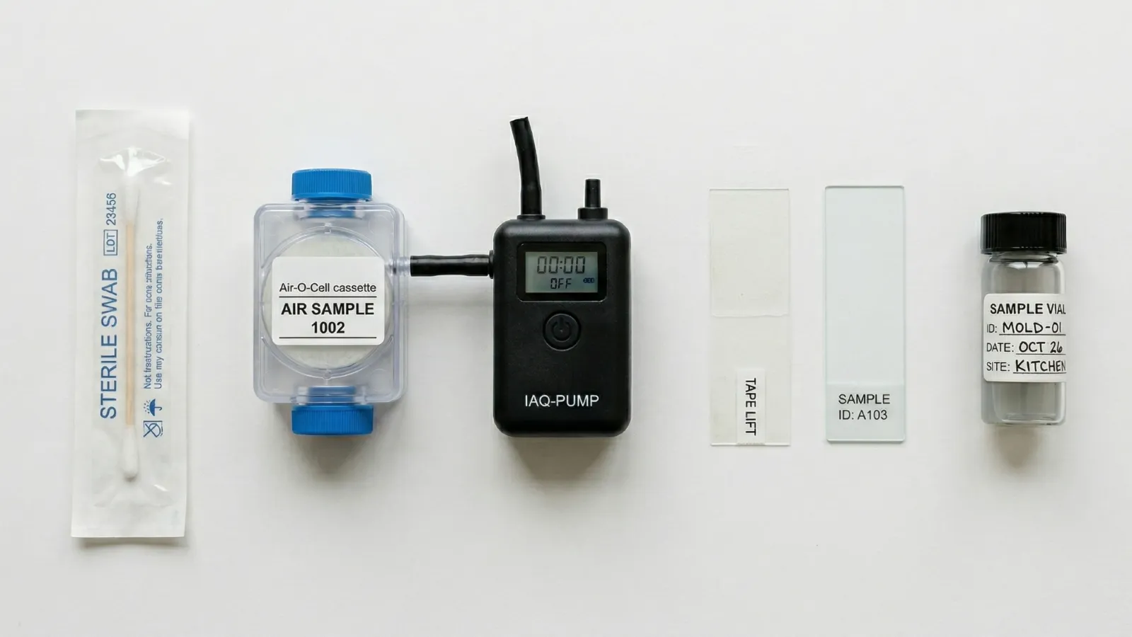 Professional mold testing equipment including an air sampling cassette, IAQ pump, sterile swab, tape lift strip, and sample vial arranged on a white surface