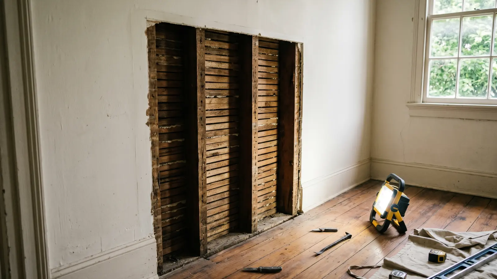Exposed original heart pine framing and wood lath inside a New Orleans home where plaster wall has been cleanly removed during professional inspection, with work light and tools on original wood plank flooring