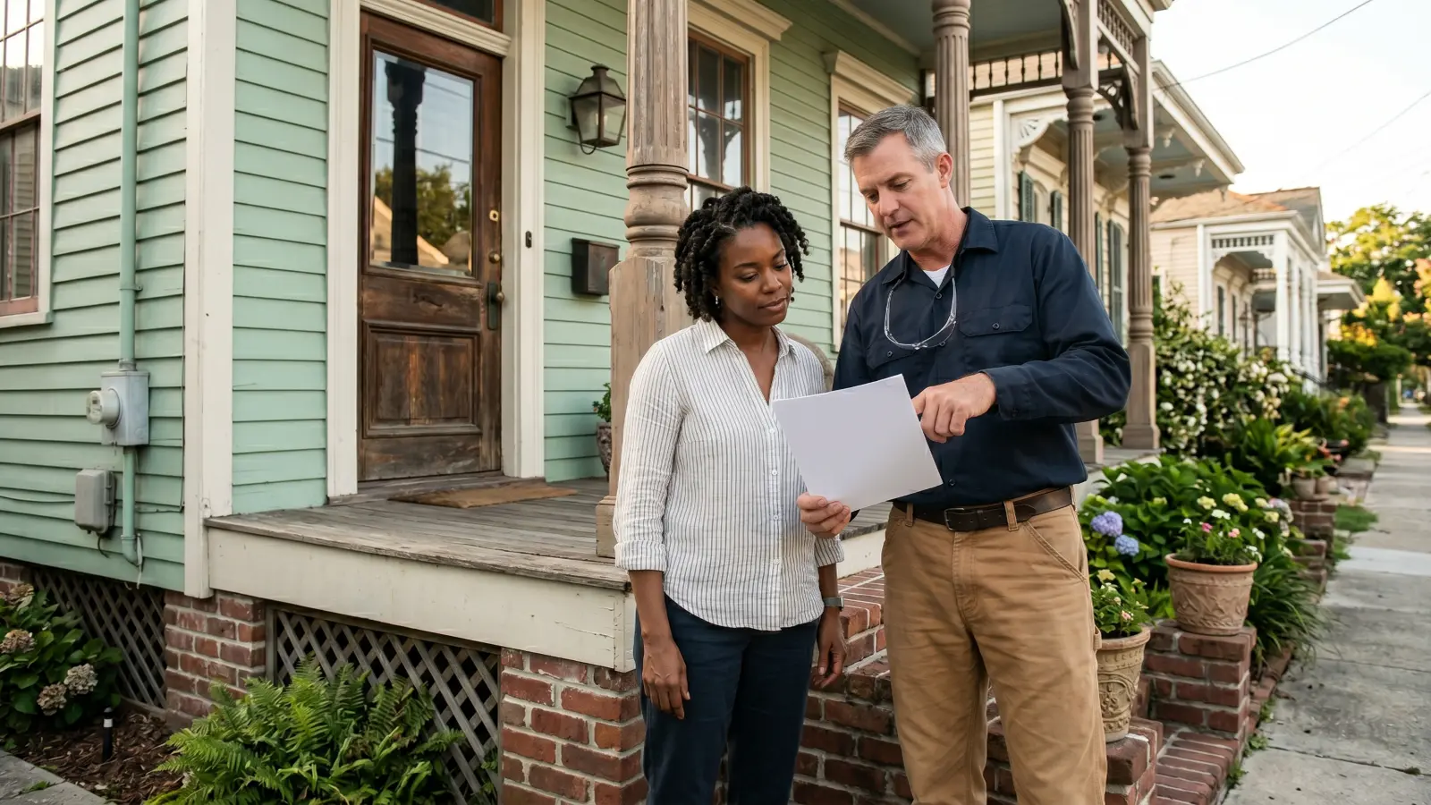Contractor reviewing a remediation document with a homeowner outside a raised New Orleans shotgun house with brick pier foundation and original porch columns