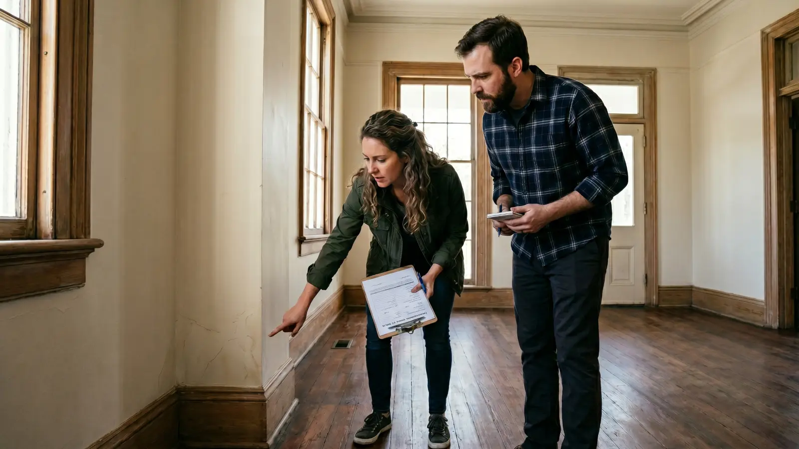 Couple examining the baseboard and lower wall of an older New Orleans home during a pre-purchase inspection, with clipboard and inspection documents, original wood floors and crown molding visible
