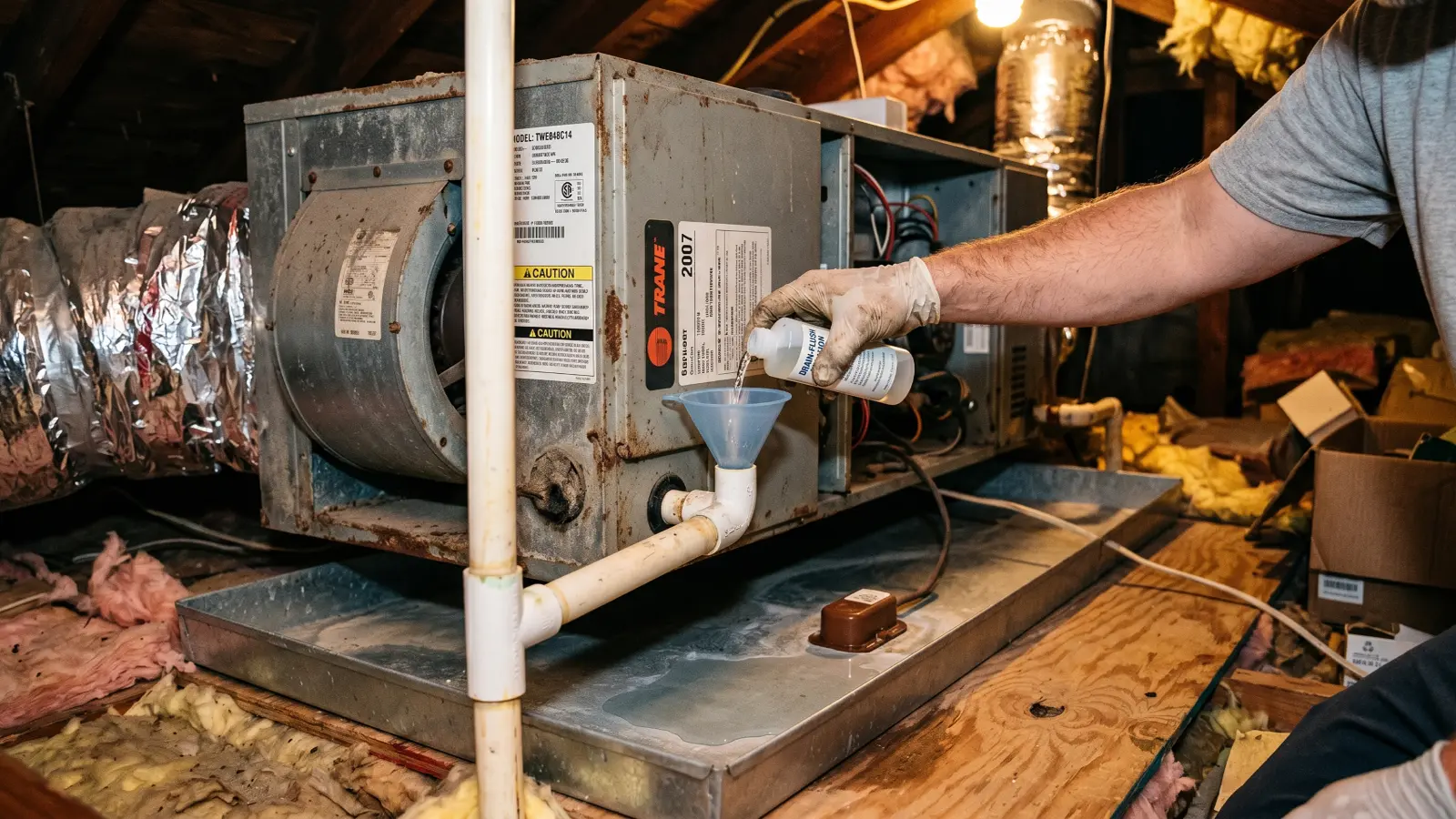 Gloved hand pouring solution through a funnel into a condensate drain line on an aging Trane air handler unit in a New Orleans attic as routine mold prevention maintenance
