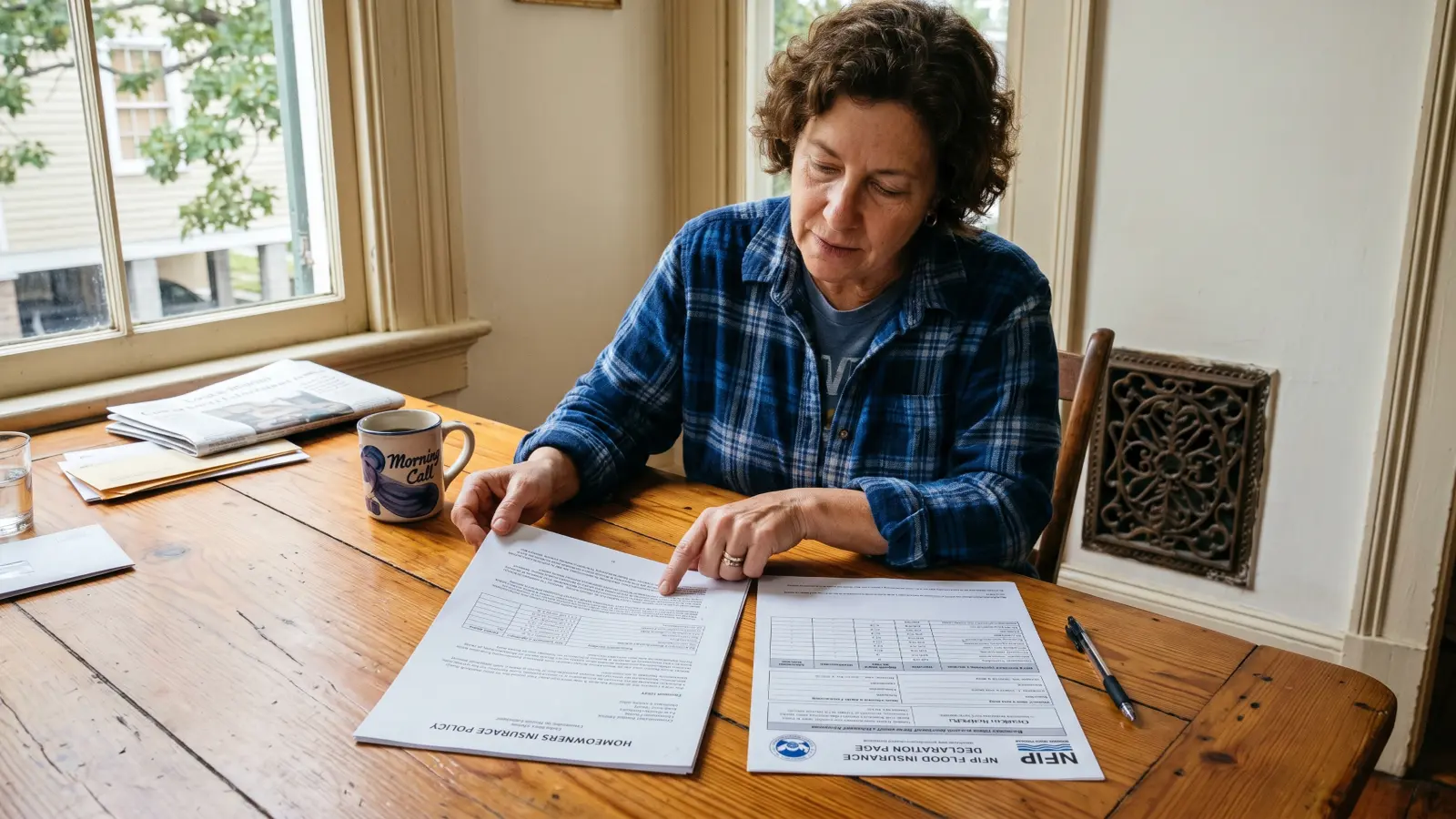 Homeowner reviewing a homeowners insurance policy and NFIP flood insurance declaration page side by side at a wooden table in a New Orleans home with a Morning Call coffee mug