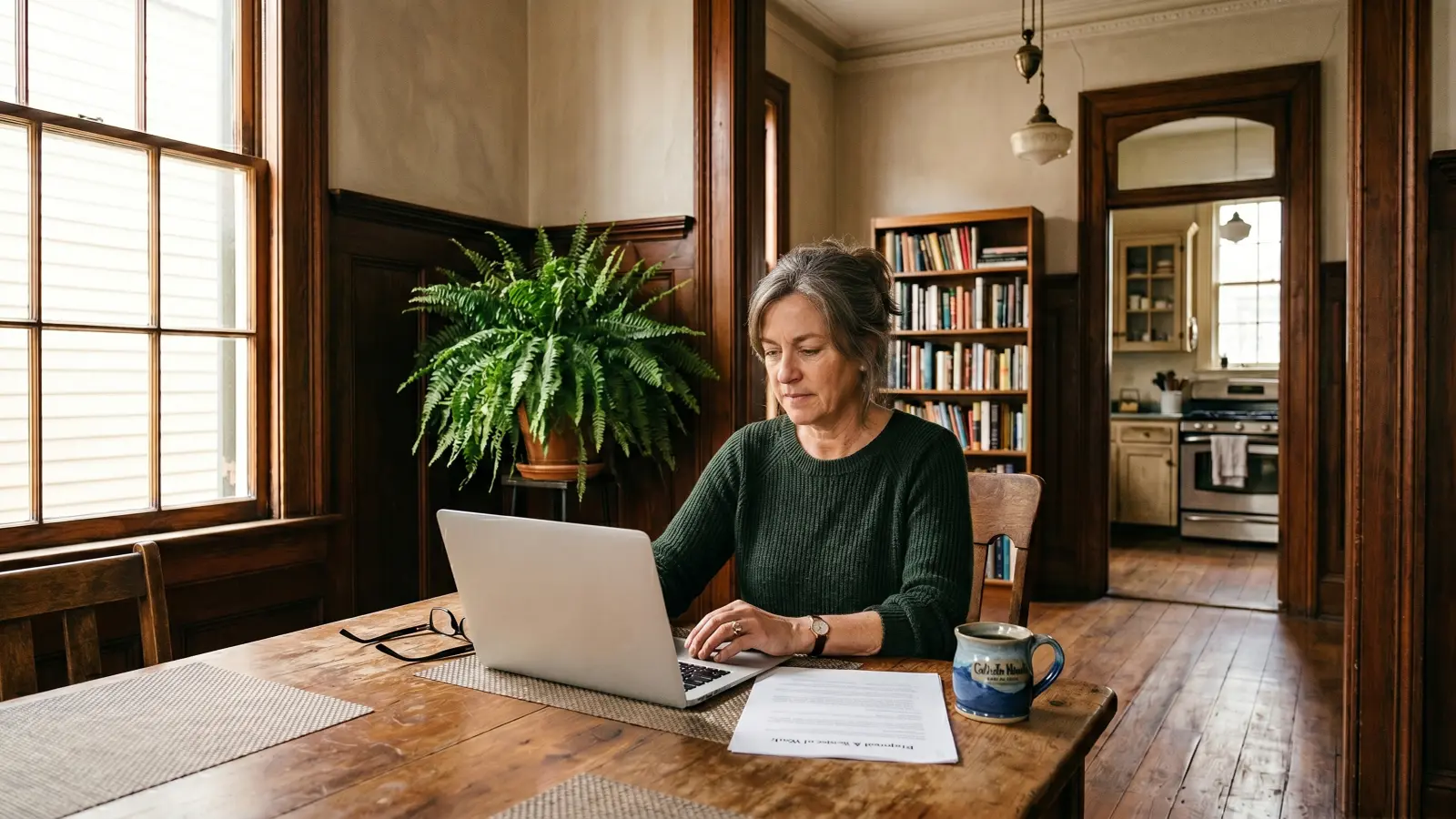 Homeowner at a wooden dining table in an older New Orleans home reviewing a contractor proposal document with a laptop open and reading glasses and coffee mug beside her