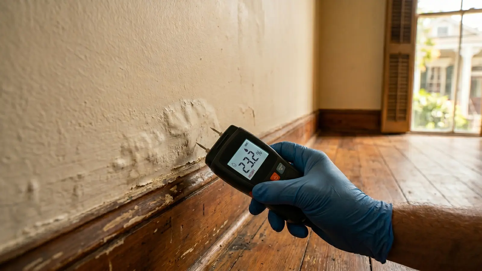 Inspector pressing a pin-type moisture meter against a bubbling painted wall inside a New Orleans home, reading 23.2 percent moisture on original wood plank flooring