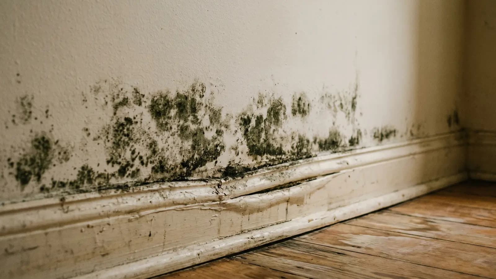 Dark mold growth concentrated at the baseboard line on the lower wall of a New Orleans home with swollen paint-separating baseboard and original wide-plank wood flooring