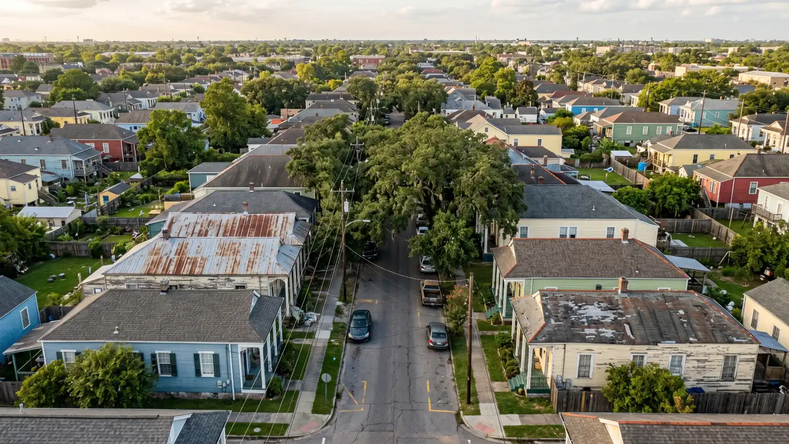 Aerial view of a dense New Orleans residential neighborhood showing a mix of shotgun houses and raised cottages with varied roof conditions on flat low-lying terrain stretching to the horizon