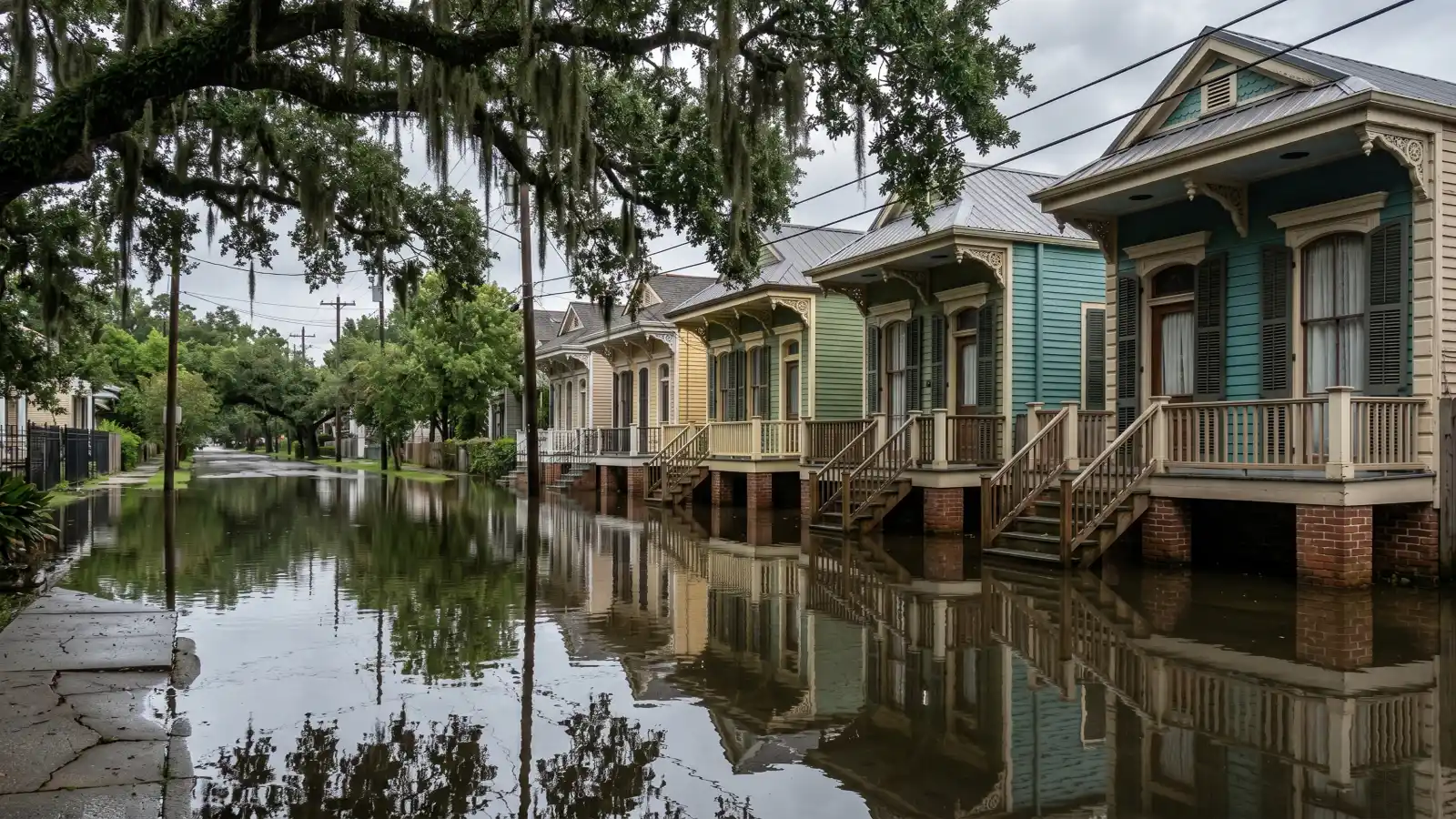 Flooded New Orleans residential street with raised shotgun houses on brick pier foundations above the waterline, live oaks with Spanish moss reflected in still floodwater