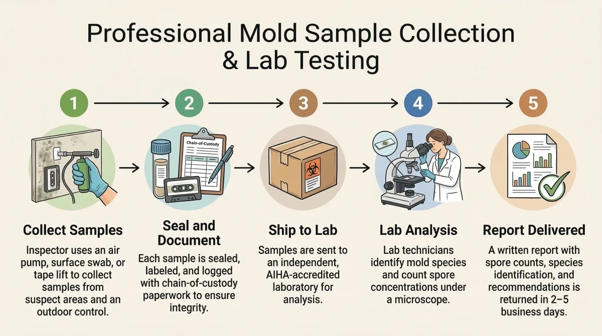 Five-step infographic showing the professional mold sample collection and lab testing process, from collecting samples and sealing documentation through shipping, lab analysis, and report delivery