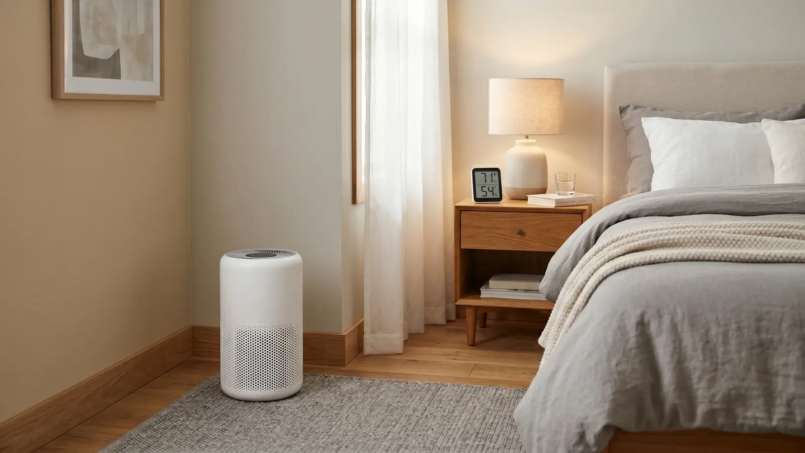 Air purifier running on a bedroom floor beside a nightstand with a hygrometer displaying 54% humidity