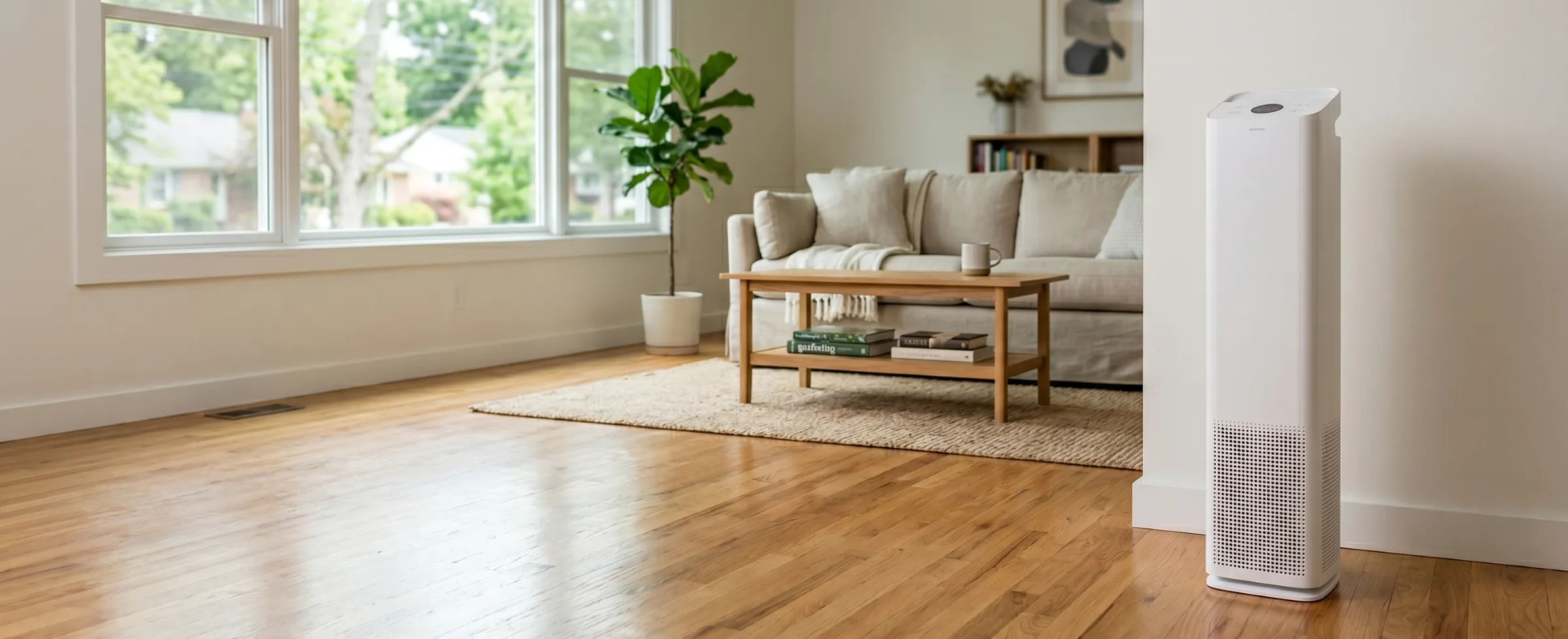 White tower HEPA air purifier standing in the corner of a bright living room with hardwood floors and large windows
