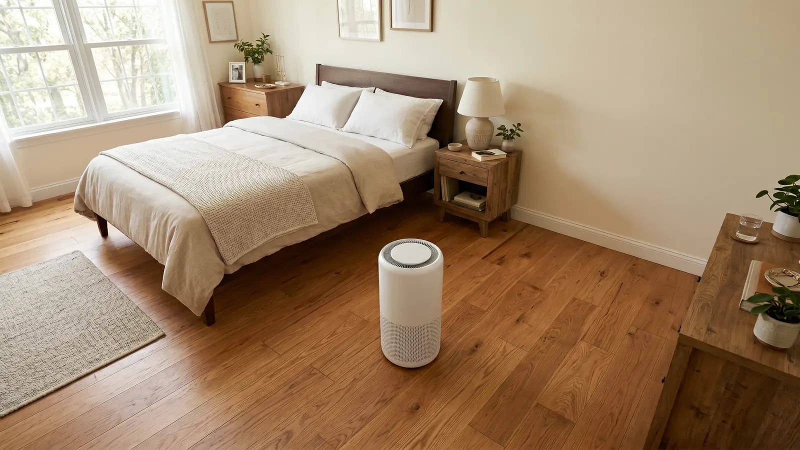 White air purifier positioned on the open floor of a bedroom away from walls and furniture