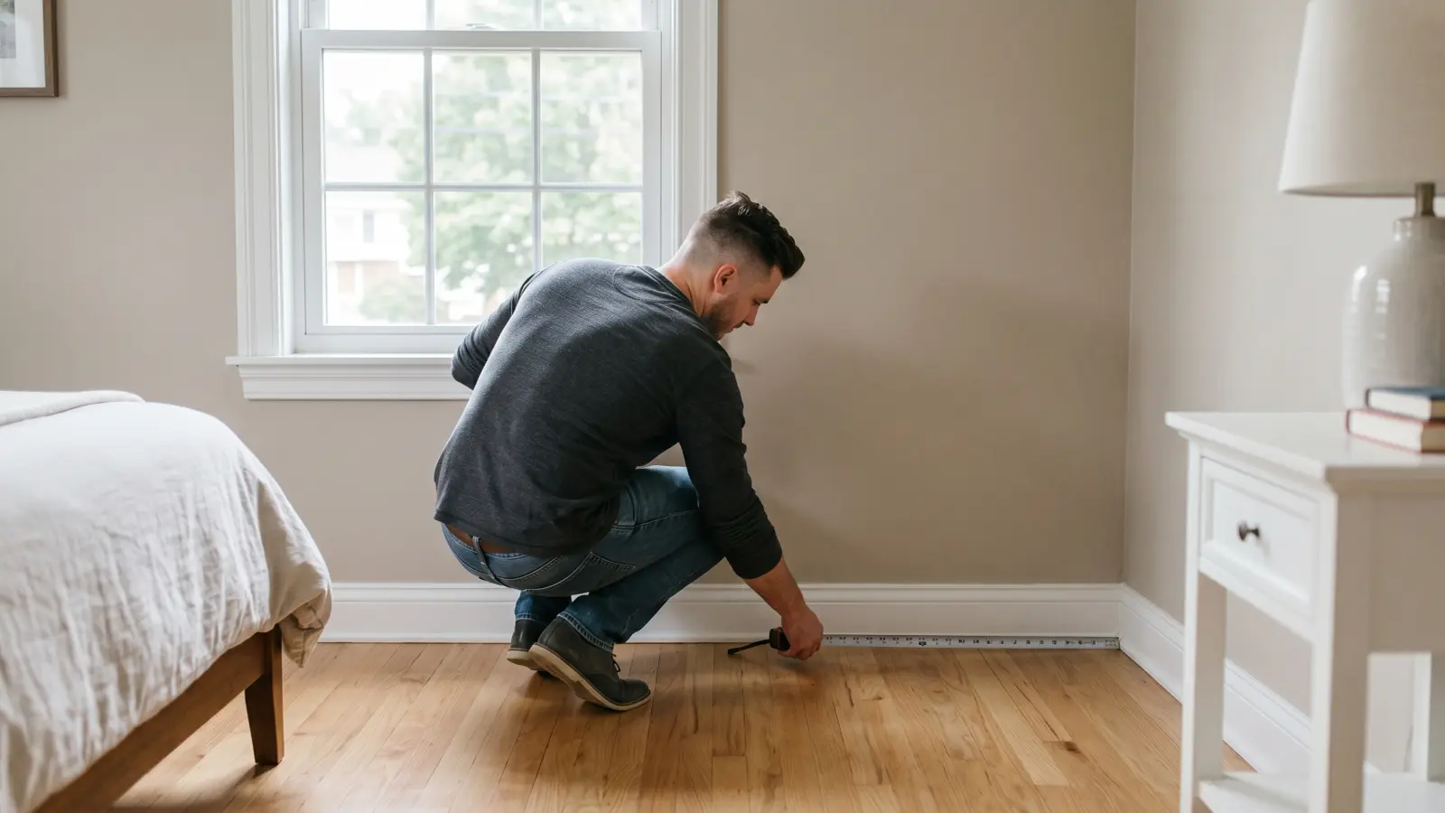 Homeowner measuring a bedroom with a tape measure to calculate room size for air purifier selection