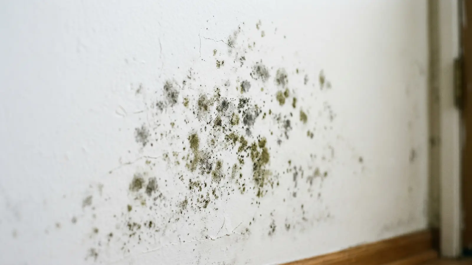 Dark mold growth spreading across a white wall near the baseboard requiring professional remediation
