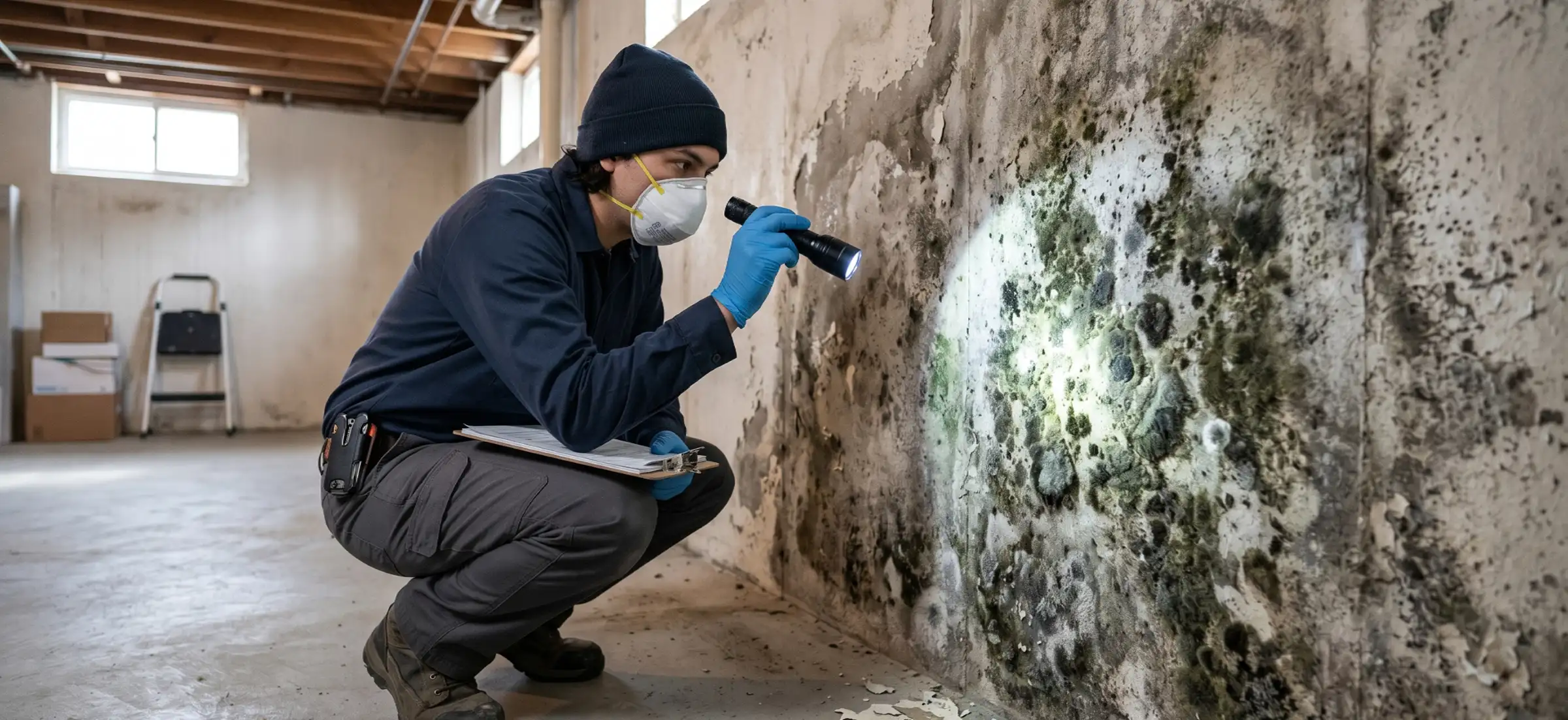 Mold inspector in N95 mask and gloves examining dark fuzzy mold growth on a basement wall with a flashlight