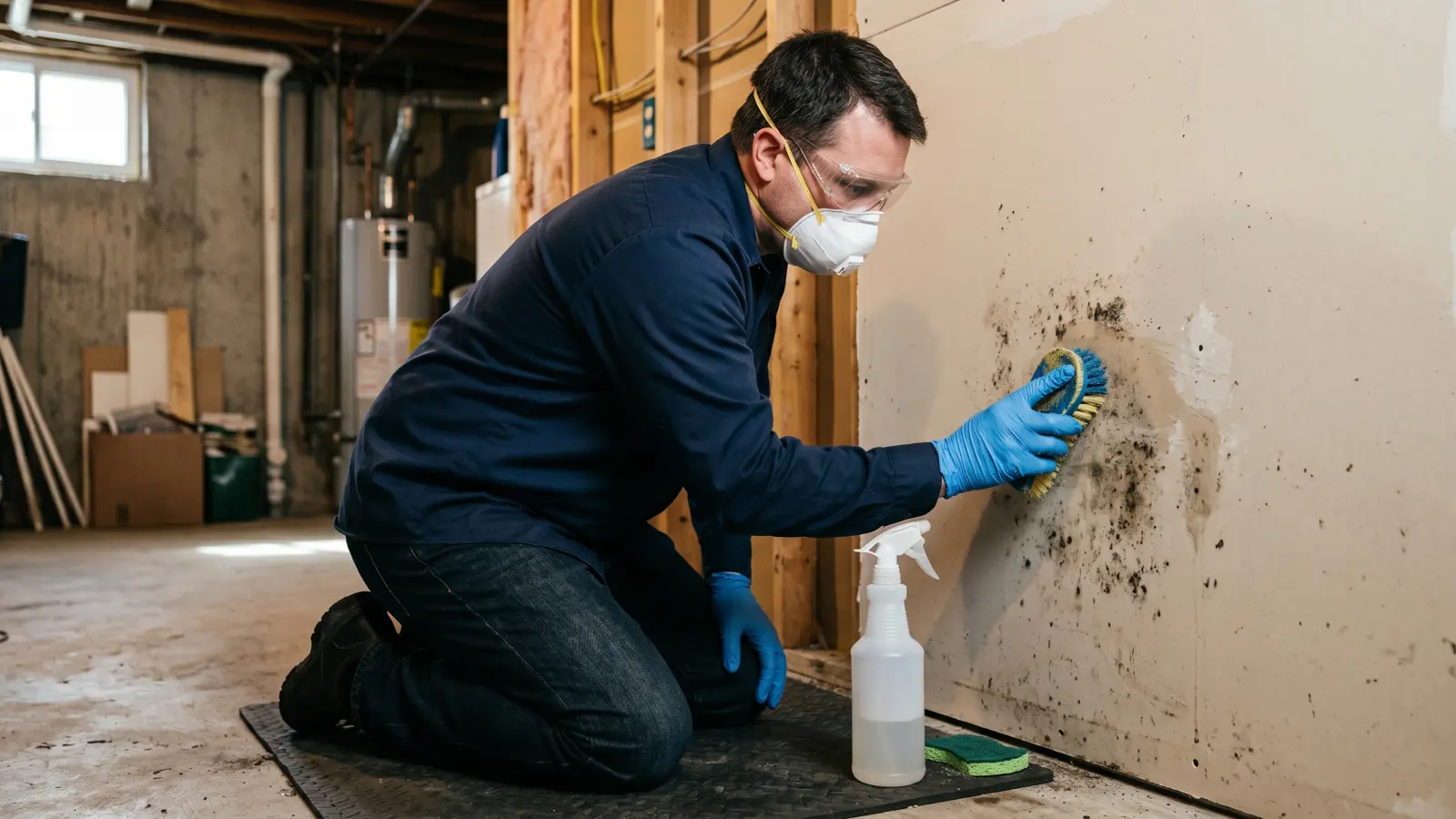 Homeowner in N95 respirator and nitrile gloves scrubbing a small mold-affected area on drywall with a brush and spray bottle