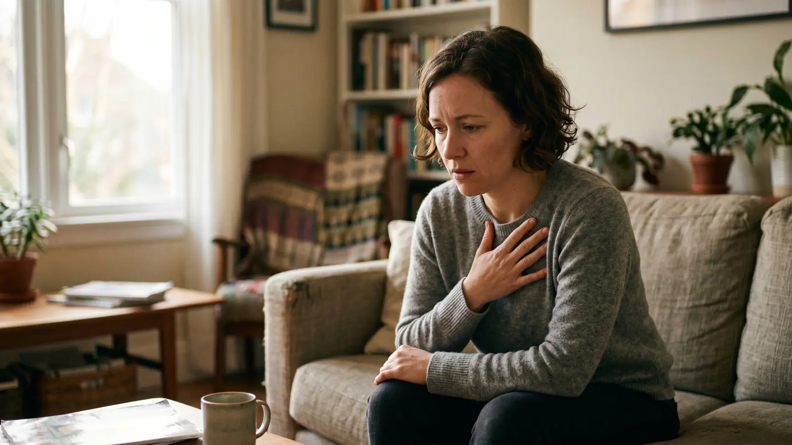 Woman sitting at home with hand on chest experiencing respiratory discomfort from mold exposure