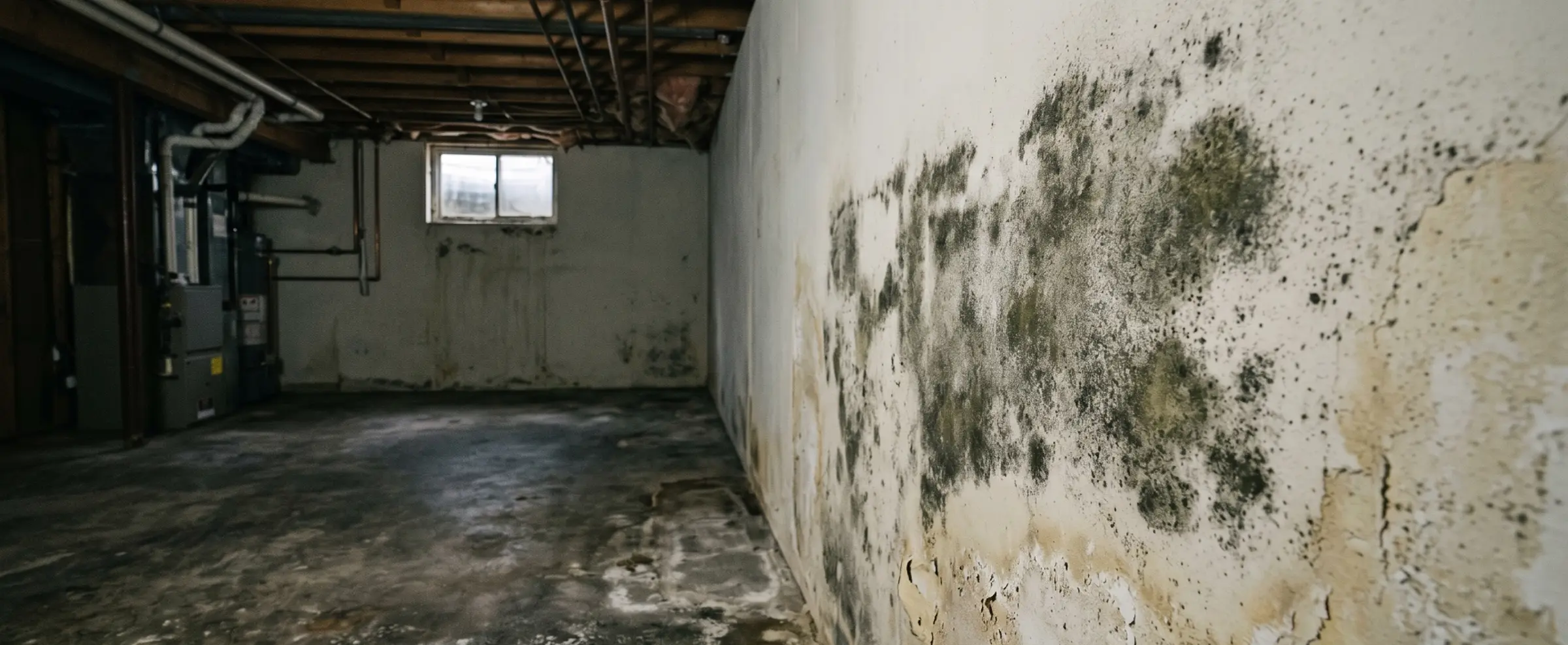 Aspergillus mold growing on a drywall surface in an unfinished basement, showing flat gray-green discoloration and water damage