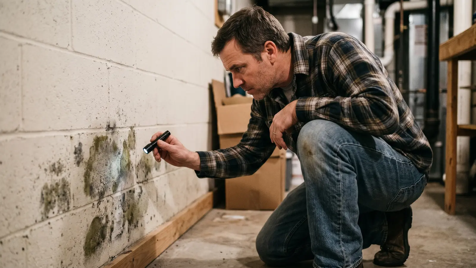 Homeowner crouching in a basement inspecting mold growth on a wall with a flashlight to identify the species
