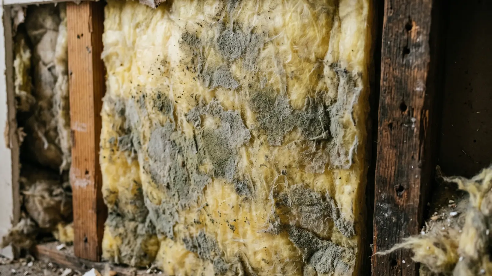 Mold spreading across fiberglass insulation exposed inside a wall cavity during remediation